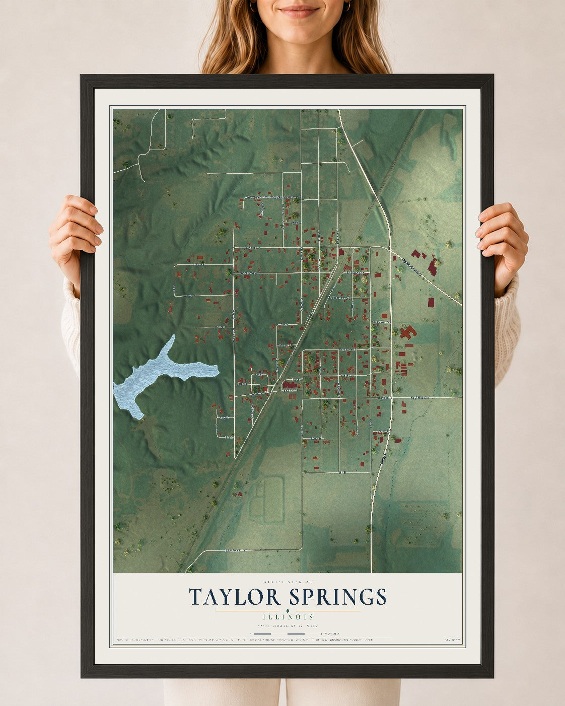 Map of Taylor Springs, Illinois, 24 x 36 inch print in a black wood frame
