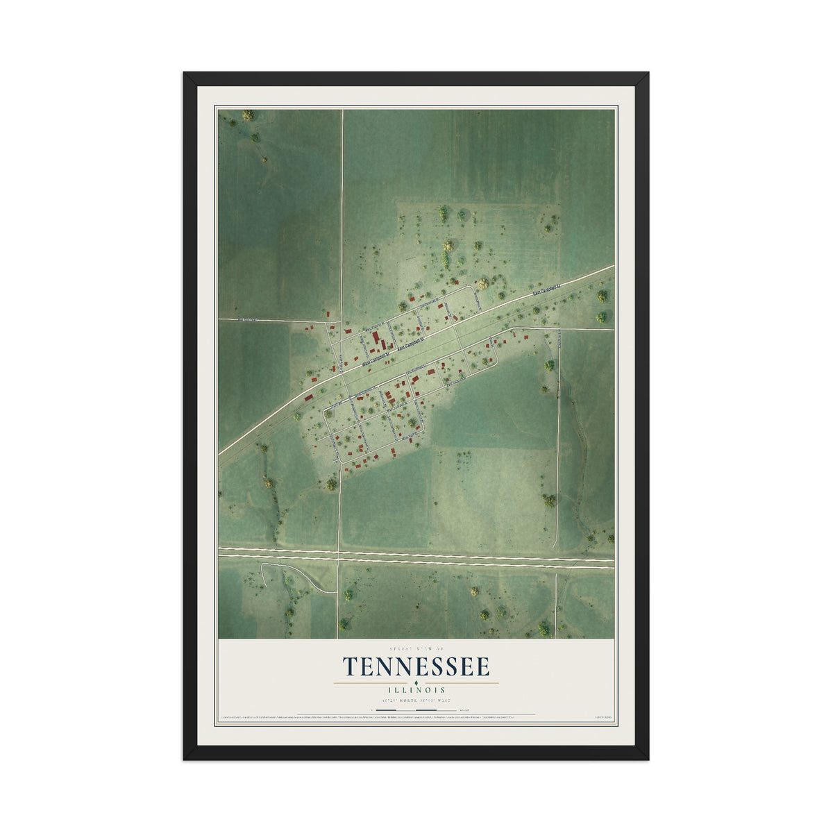 Map of Tennessee, Illinois, 12 x 18 inch print in a black wood frame