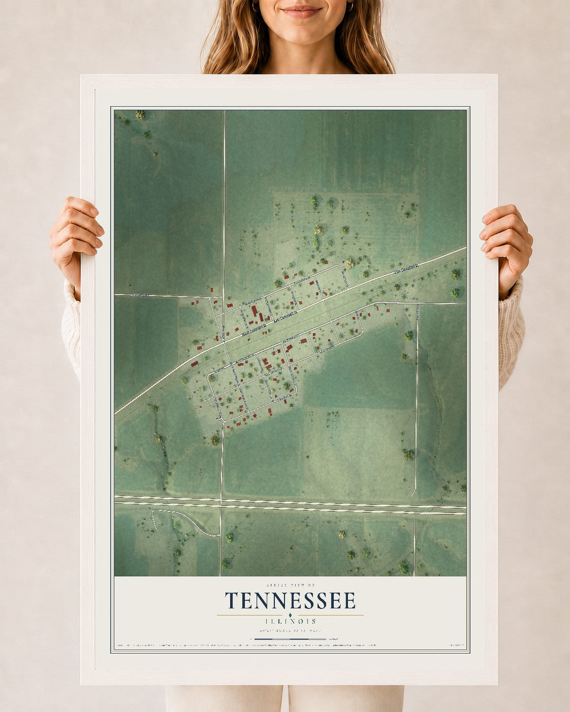 Map of Tennessee, Illinois, 24 x 36 inch print in a white wood frame