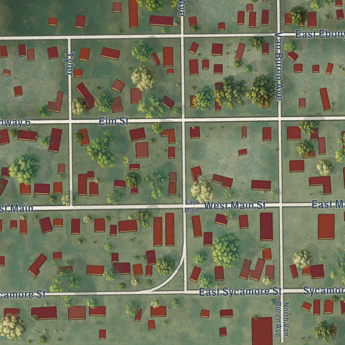 Close-up of the map of Thayer, Illinois print showing street and building detail