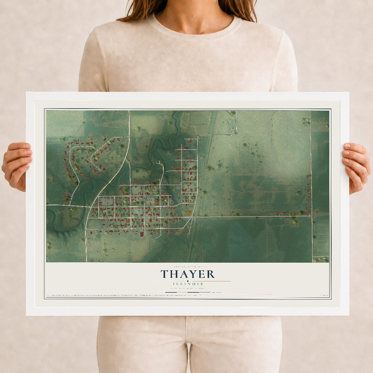 Map of Thayer, Illinois, 12 x 18 inch print in a white wood frame