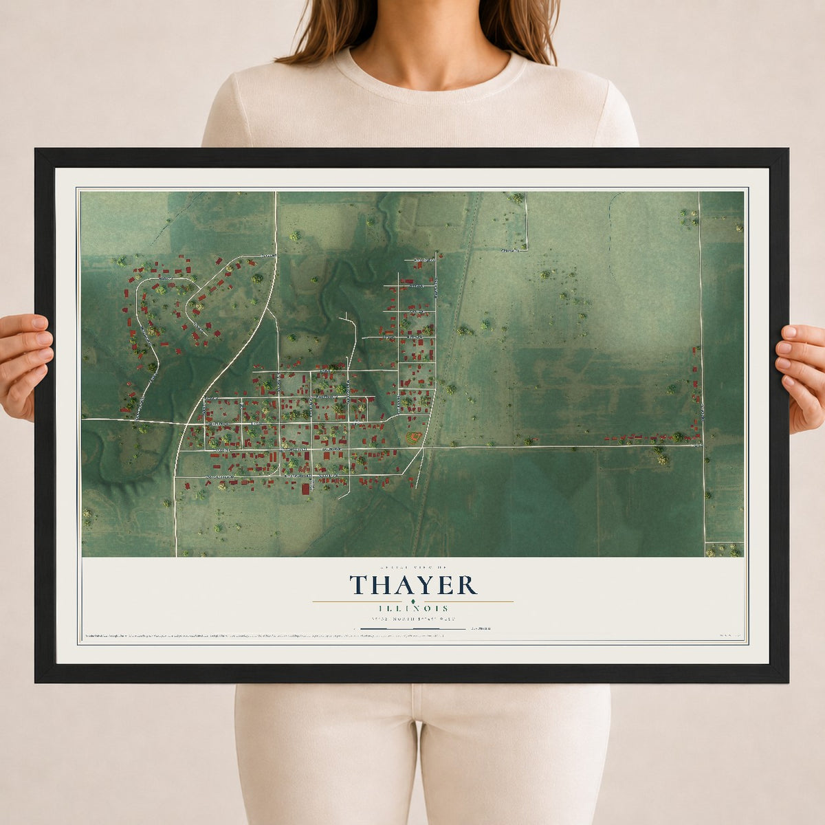 Map of Thayer, Illinois, 18 x 24 inch print in a black wood frame