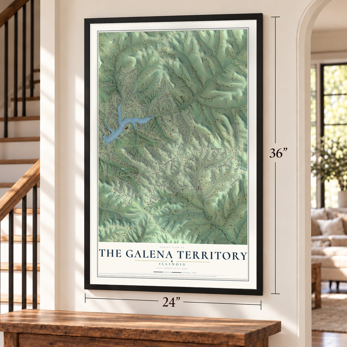 The Galena Territory, Illinois map, 24 x 36 inch print in a black frame by a staircase