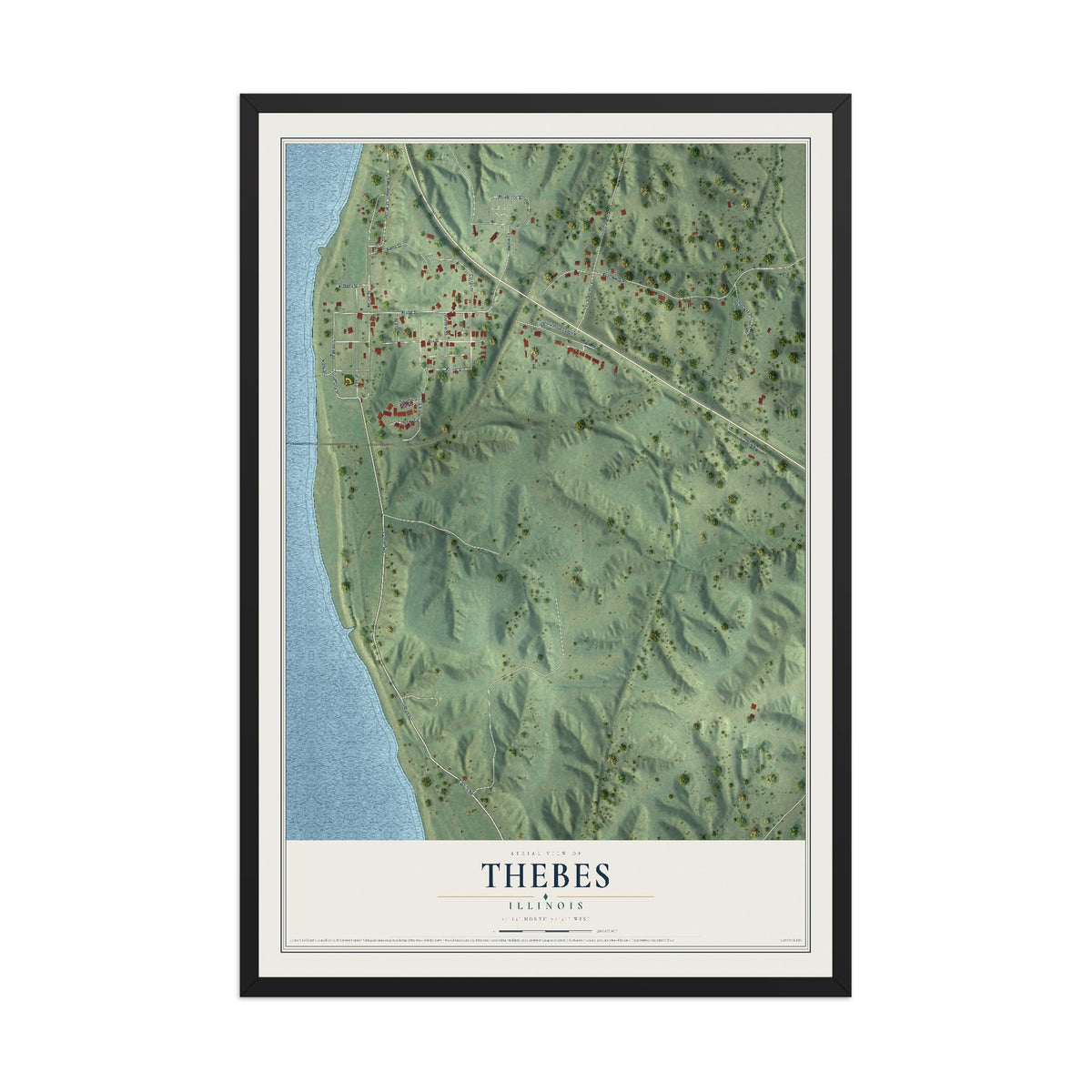 Map of Thebes, Illinois, 12 x 18 inch print in a black wood frame