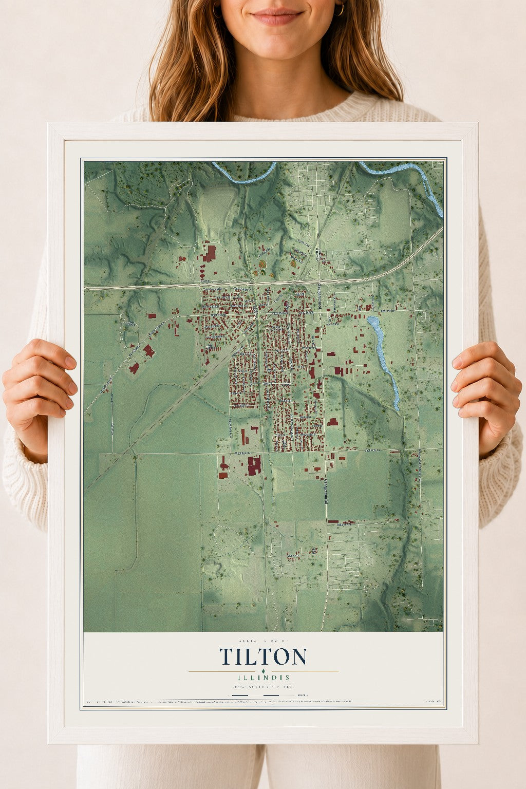 Map of Tilton, Illinois, 18 x 24 inch print in a white wood frame