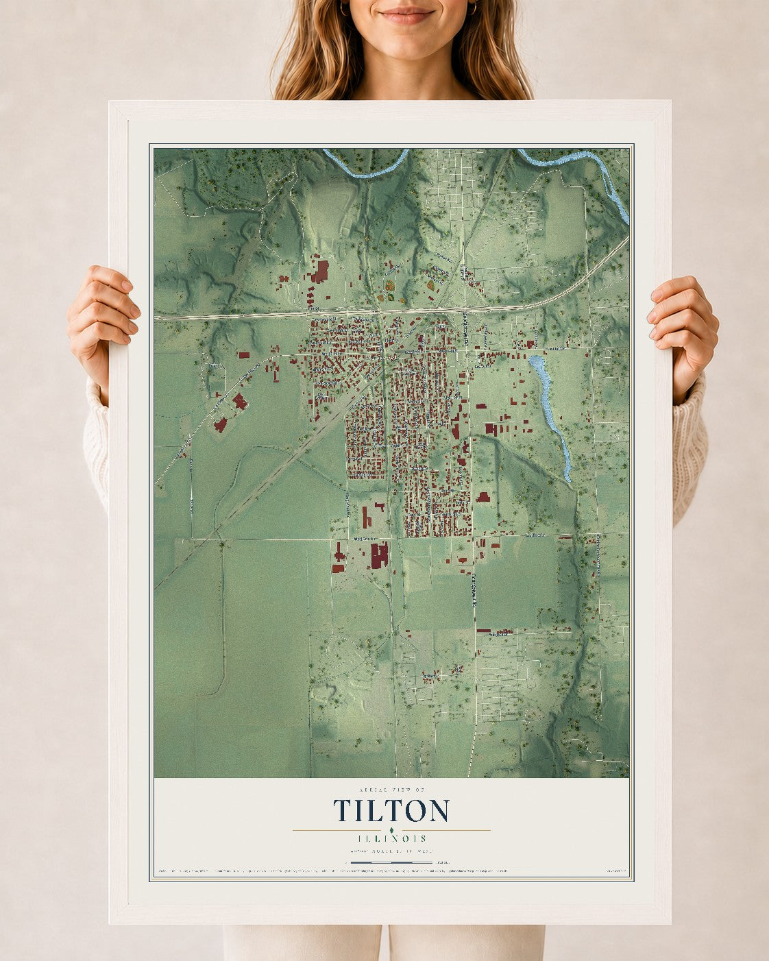 Map of Tilton, Illinois, 24 x 36 inch print in a white wood frame
