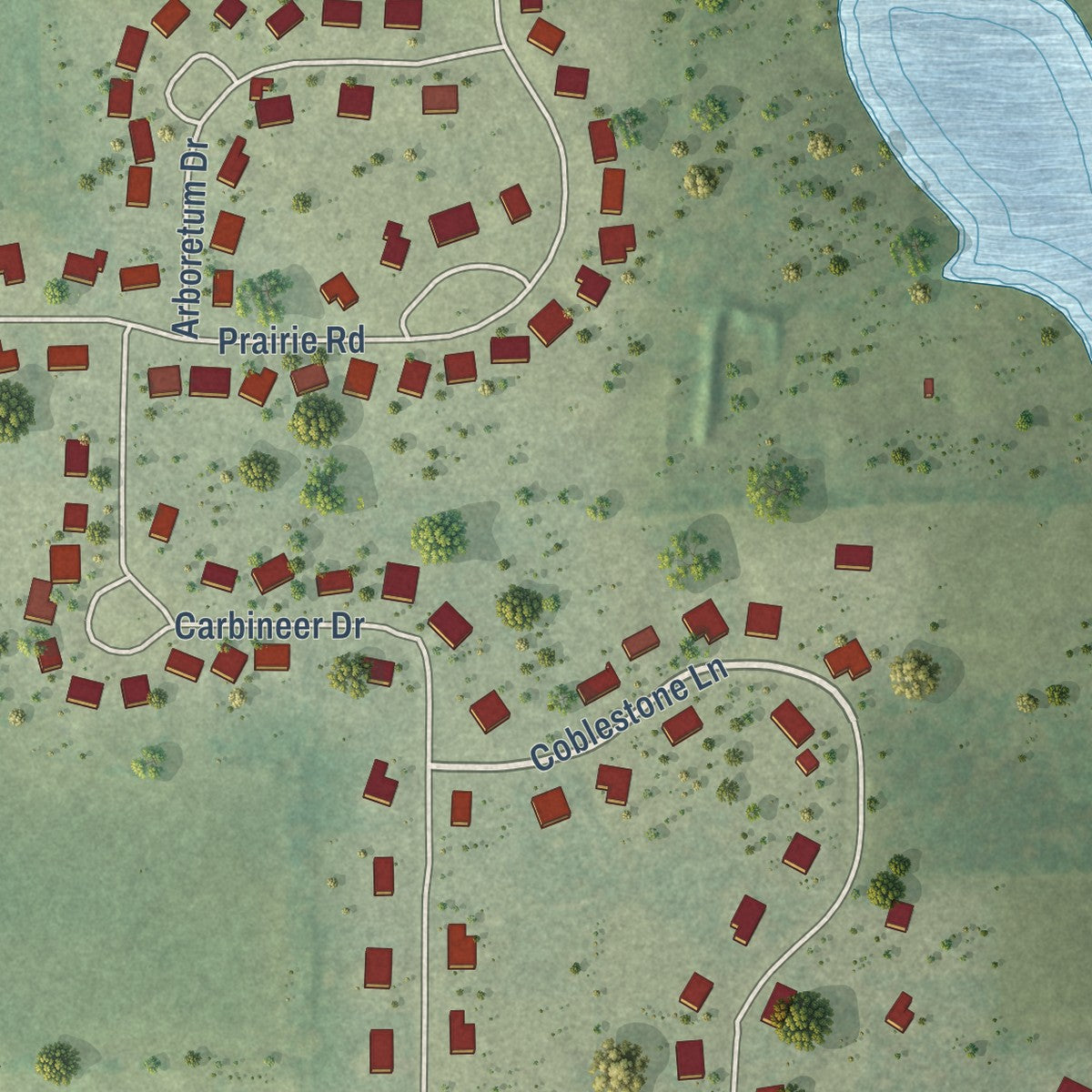 Close-up of the map of Timberlane, Illinois print showing street and building detail