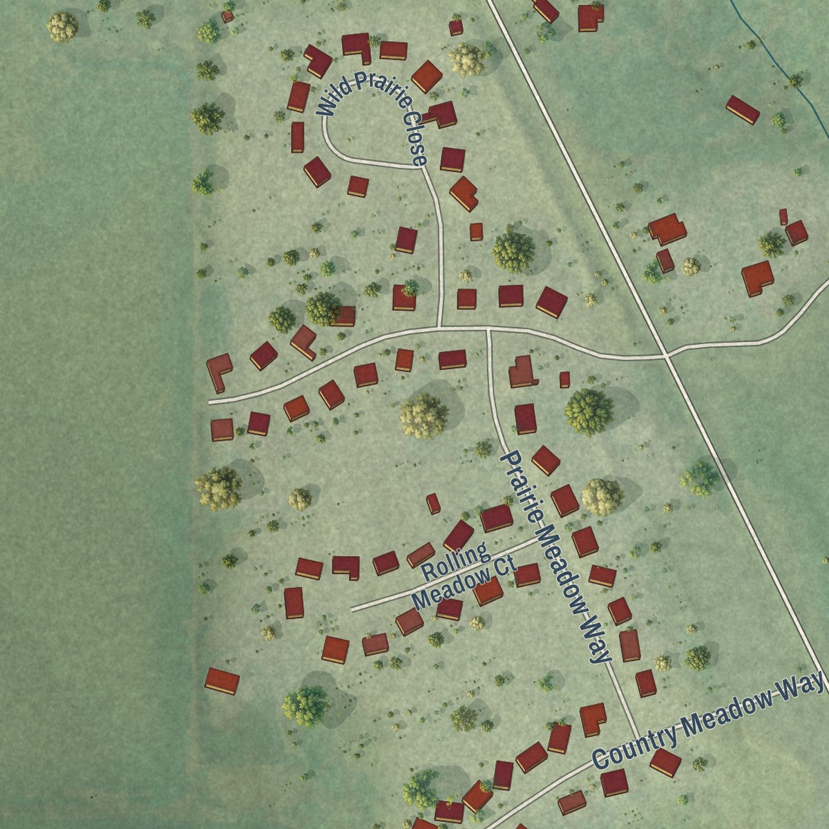 Second close-up of the map of Timberlane, Illinois print showing more streets and buildings