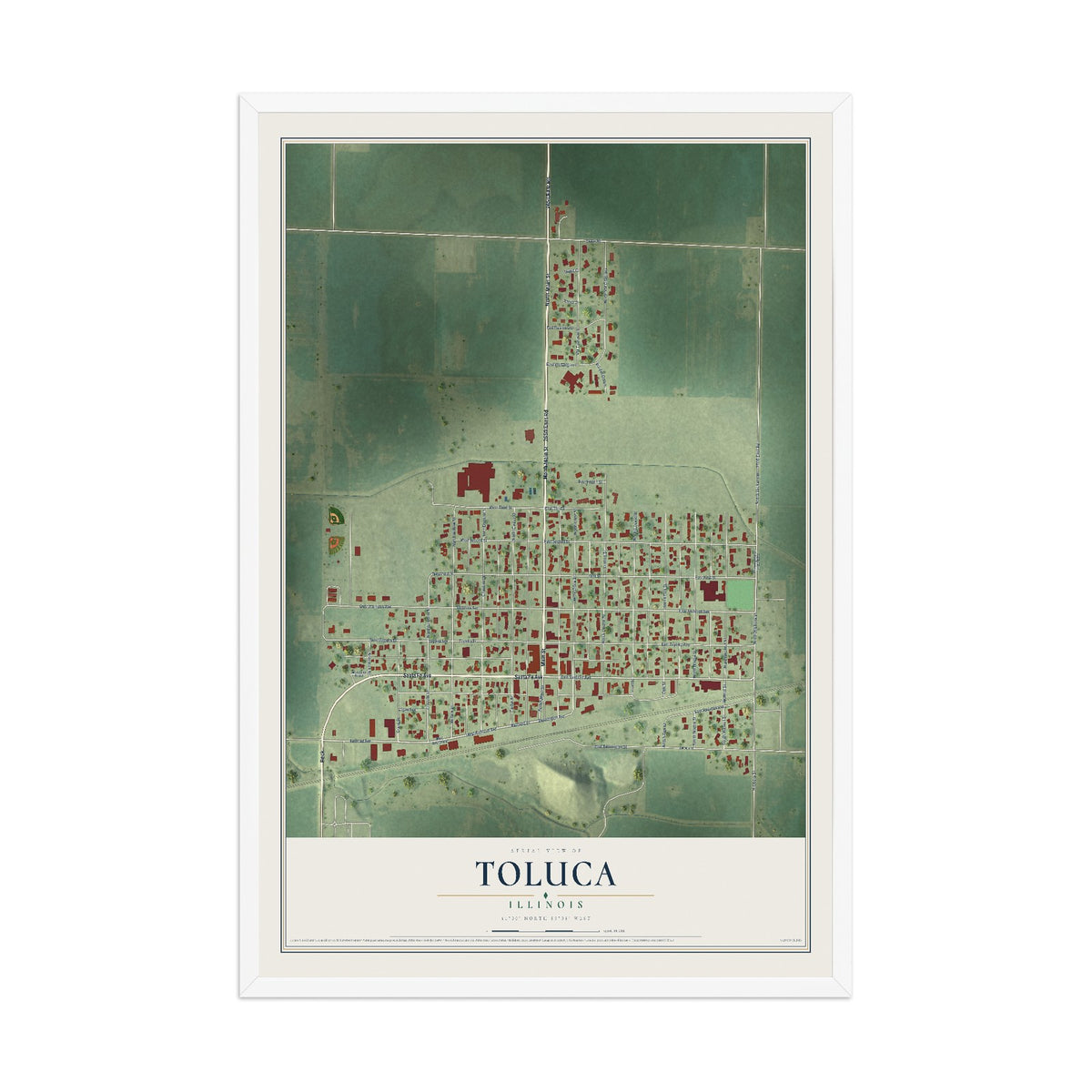 Map of Toluca, Illinois, 12 x 18 inch print in a white wood frame