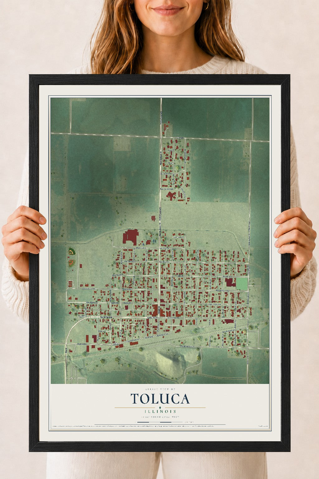 Map of Toluca, Illinois, 18 x 24 inch print in a black wood frame