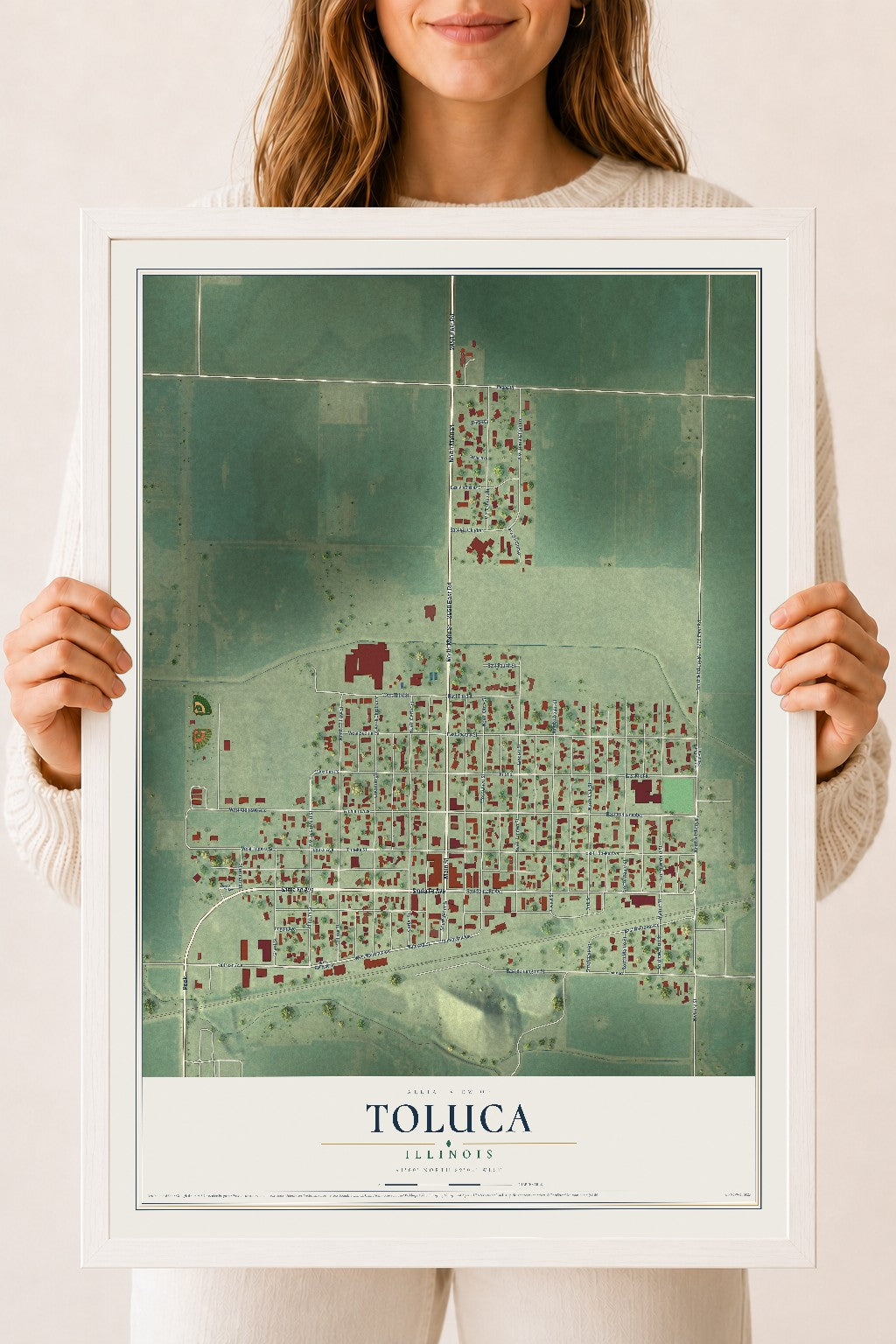 Map of Toluca, Illinois, 18 x 24 inch print in a white wood frame