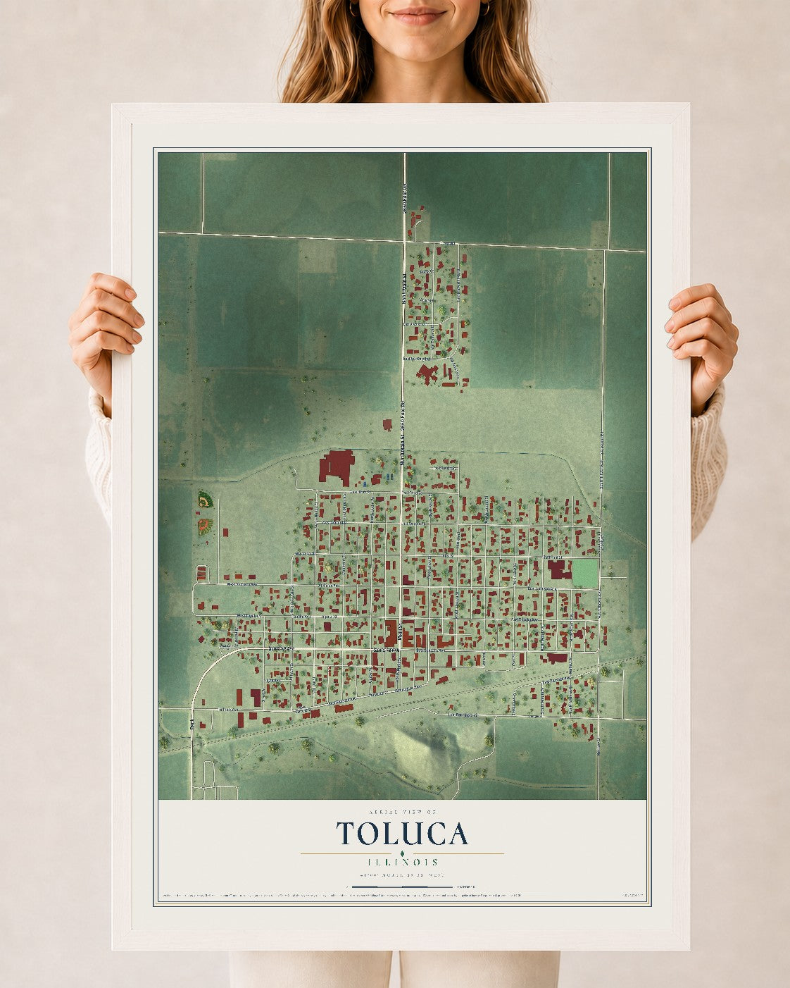 Map of Toluca, Illinois, 24 x 36 inch print in a white wood frame