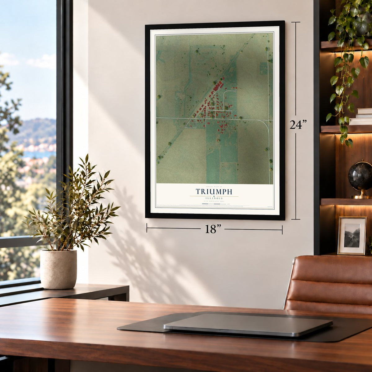 Triumph, Illinois map, 18 x 24 inch print in a black frame in a home office