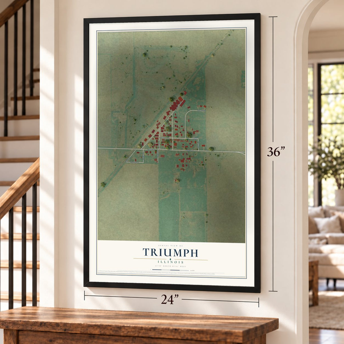 Triumph, Illinois map, 24 x 36 inch print in a black frame by a staircase