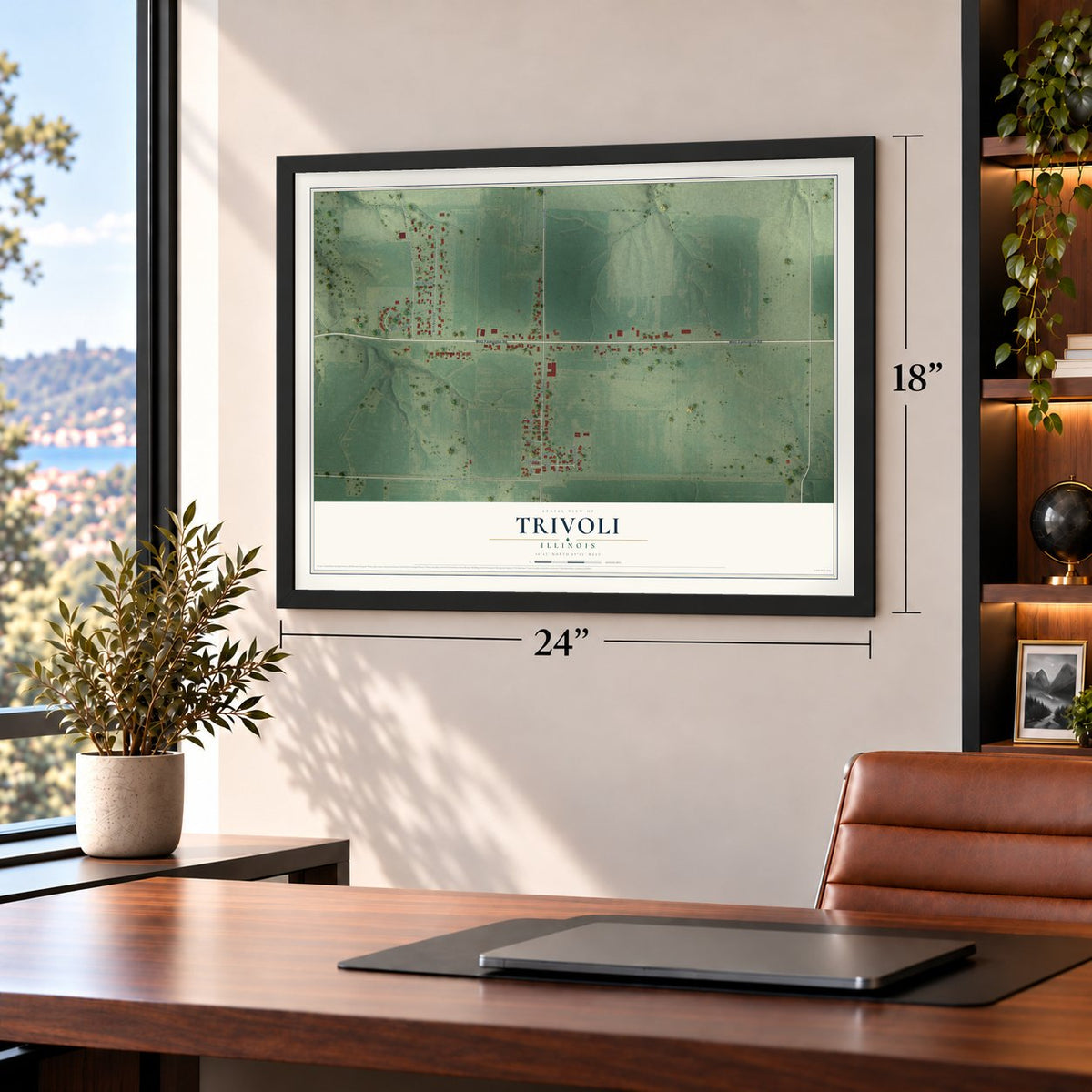 Trivoli, Illinois map, 18 x 24 inch print in a black frame in a home office