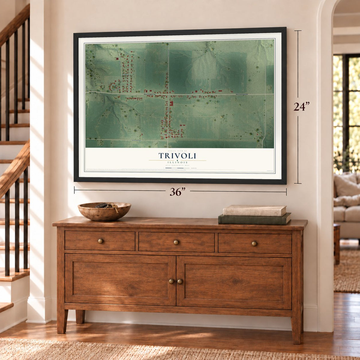 Trivoli, Illinois map, 24 x 36 inch print in a black frame above a dresser by a staircase