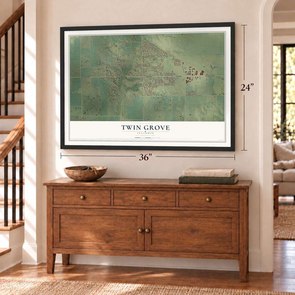 Twin Grove, Illinois map, 24 x 36 inch print in a black frame above a dresser by a staircase