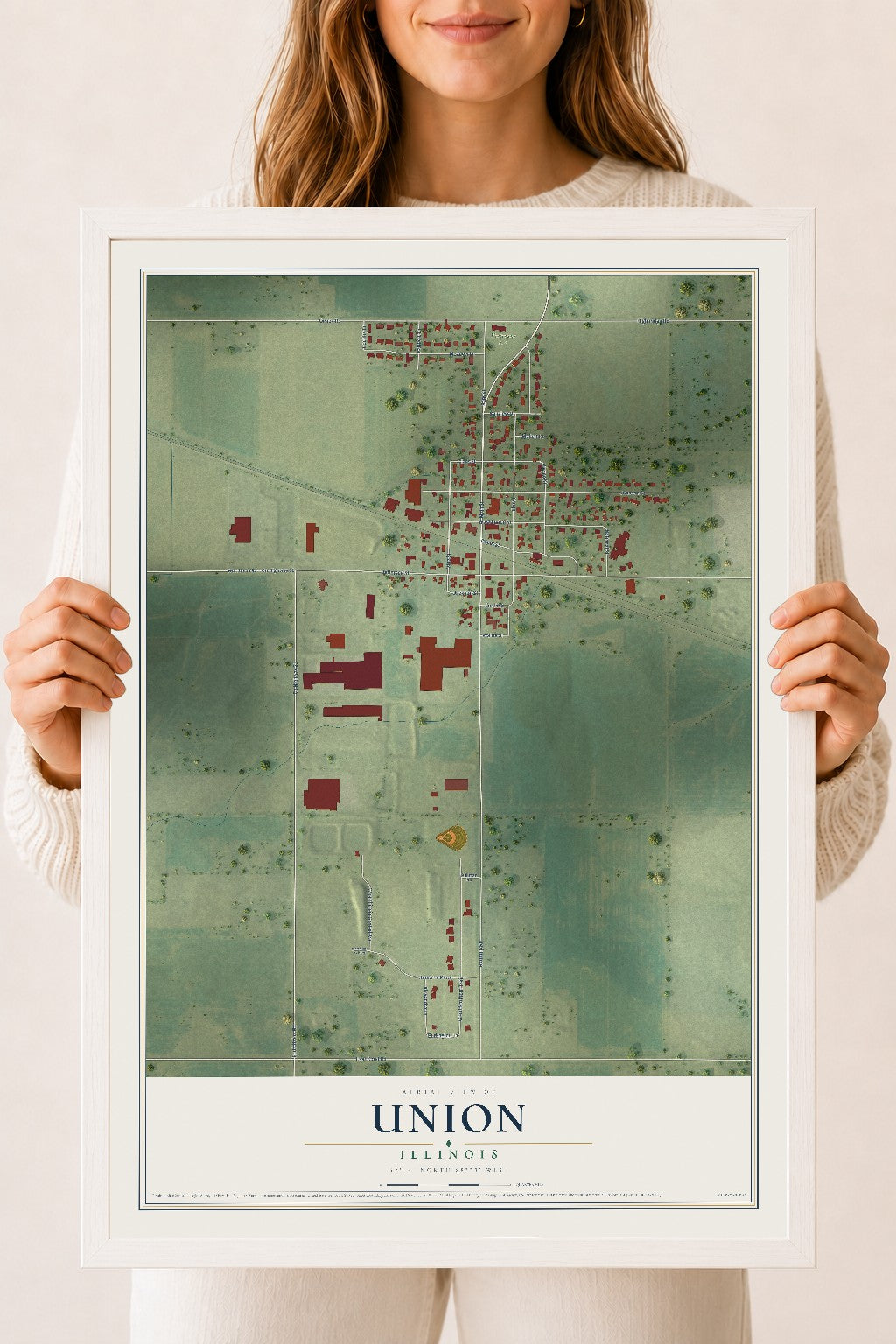 Map of Union, Illinois, 18 x 24 inch print in a white wood frame
