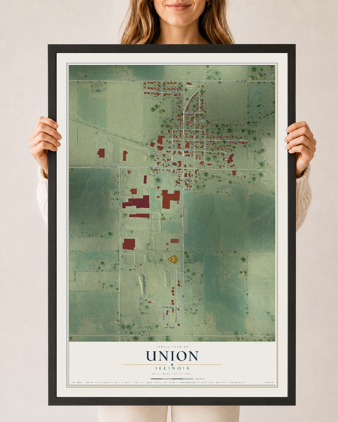 Map of Union, Illinois, 24 x 36 inch print in a black wood frame