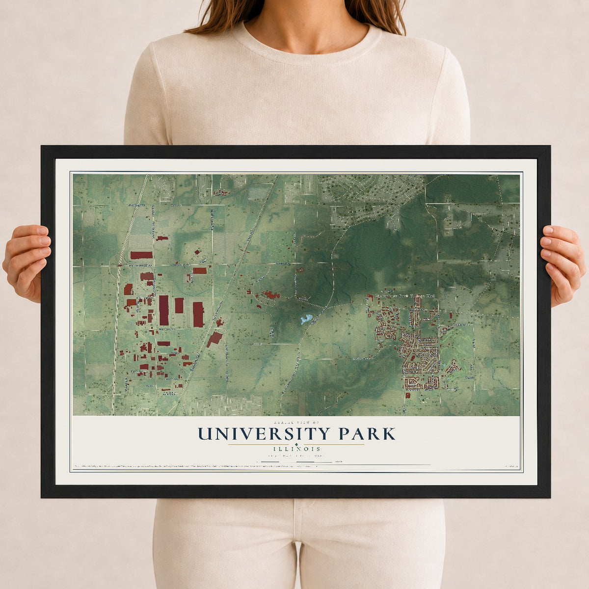 Map of University Park, Illinois, 12 x 18 inch print in a black wood frame