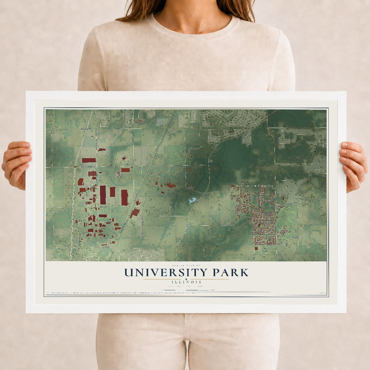 Map of University Park, Illinois, 12 x 18 inch print in a white wood frame