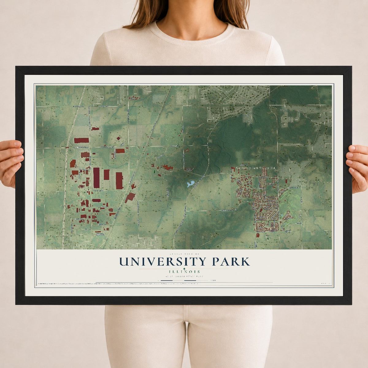 Map of University Park, Illinois, 18 x 24 inch print in a black wood frame