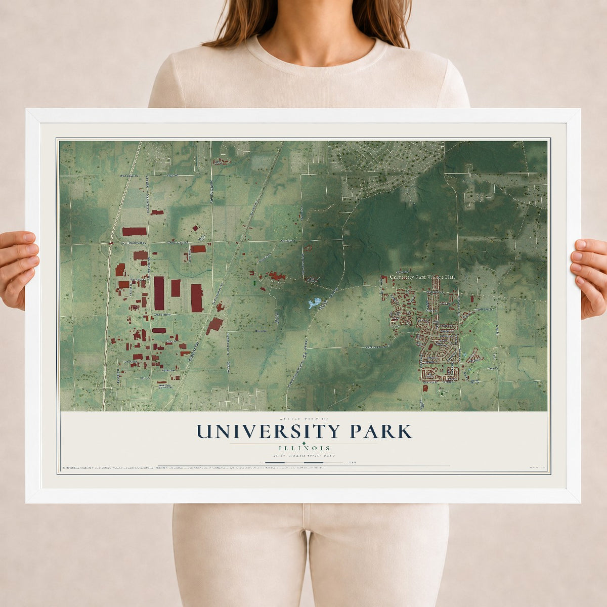 Map of University Park, Illinois, 18 x 24 inch print in a white wood frame