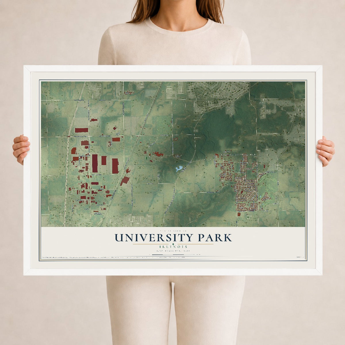 Map of University Park, Illinois, 24 x 36 inch print in a white wood frame