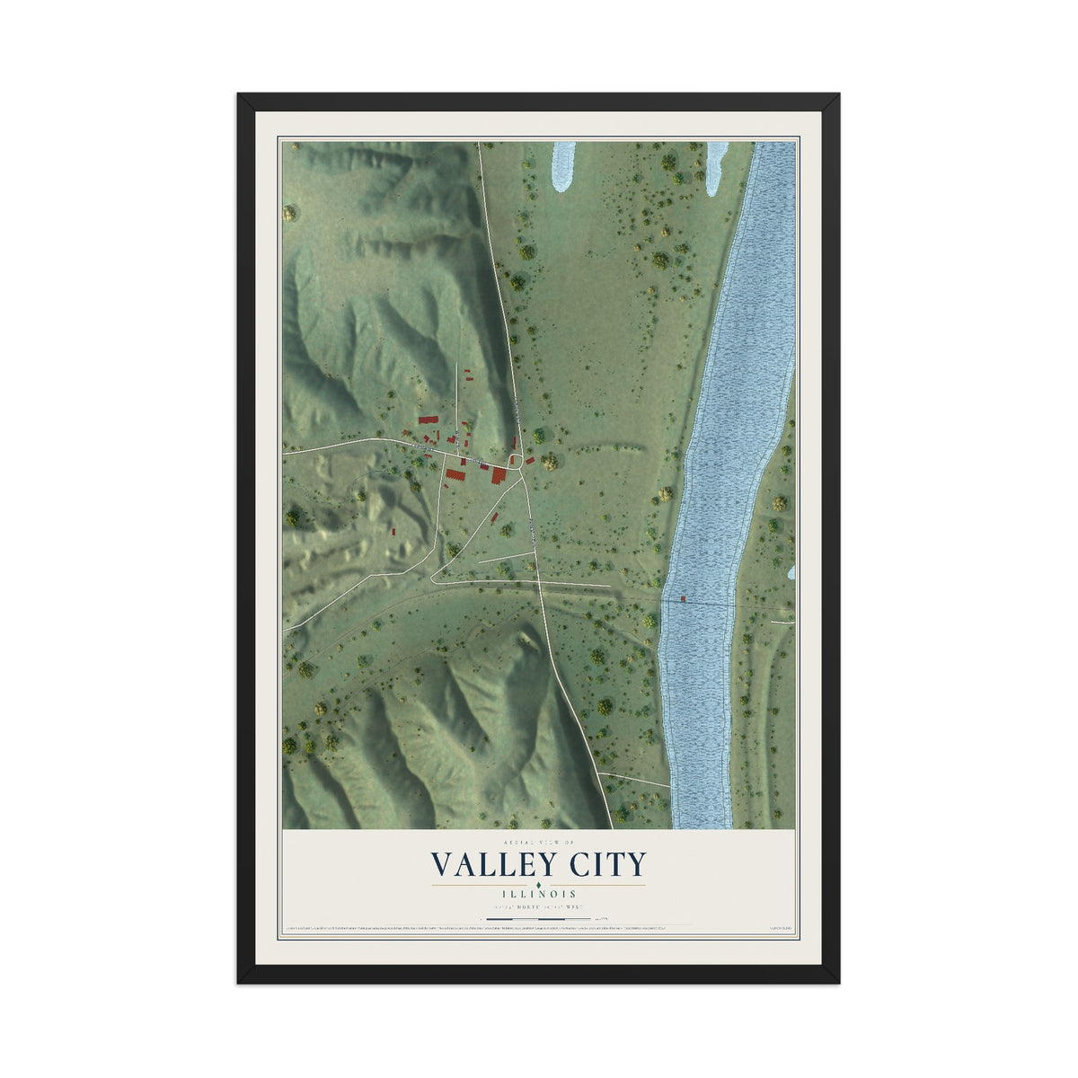 Map of Valley City, Illinois, 12 x 18 inch print in a black wood frame