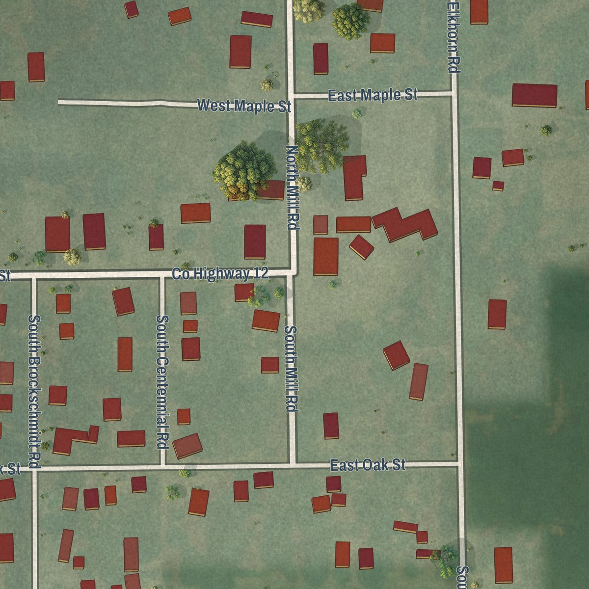 Close-up of the map of Venedy, Illinois print showing street and building detail