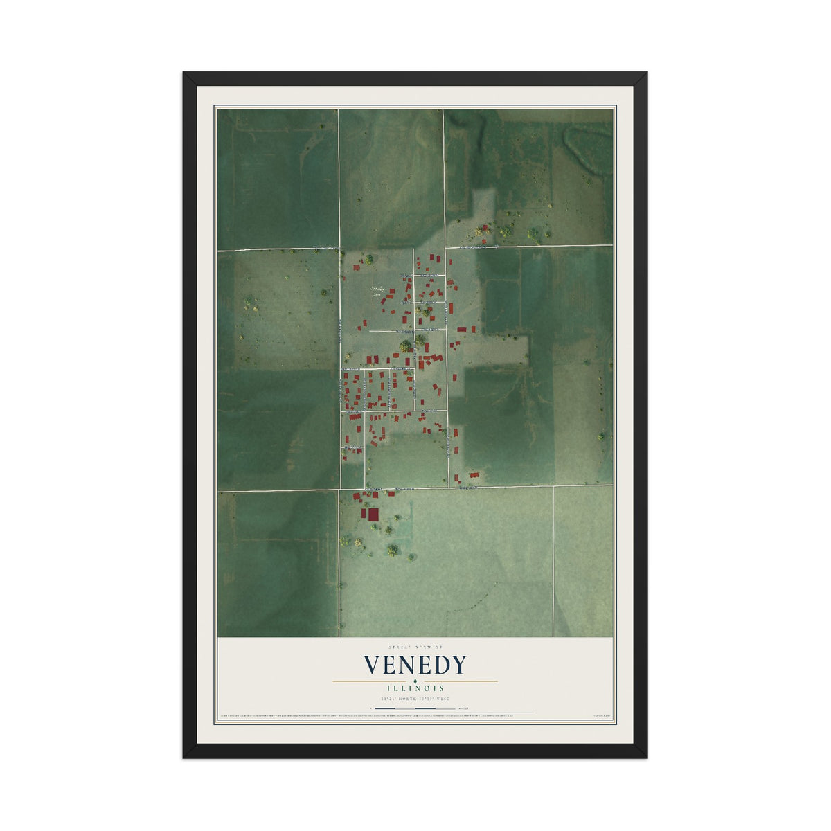 Map of Venedy, Illinois, 12 x 18 inch print in a black wood frame