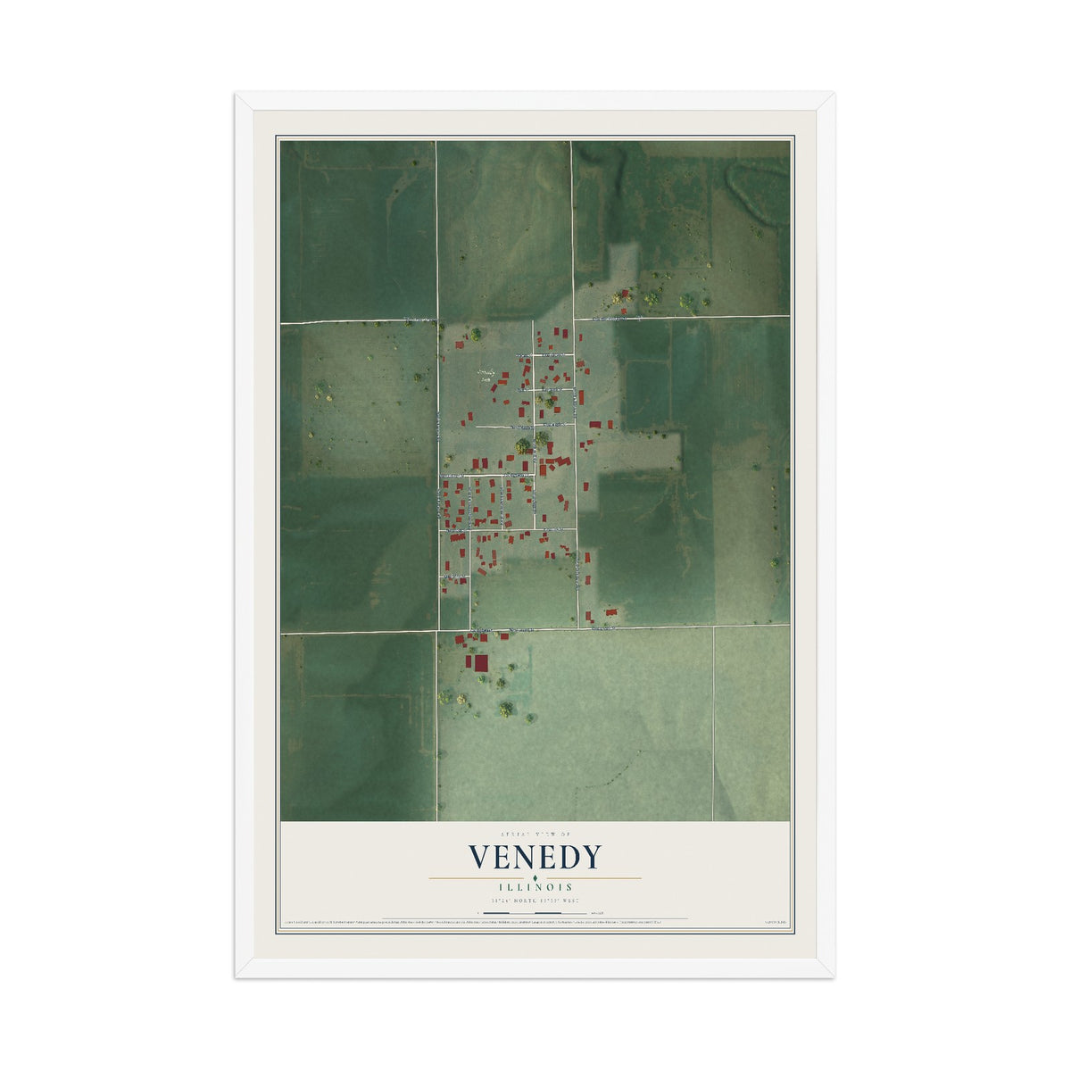 Map of Venedy, Illinois, 12 x 18 inch print in a white wood frame