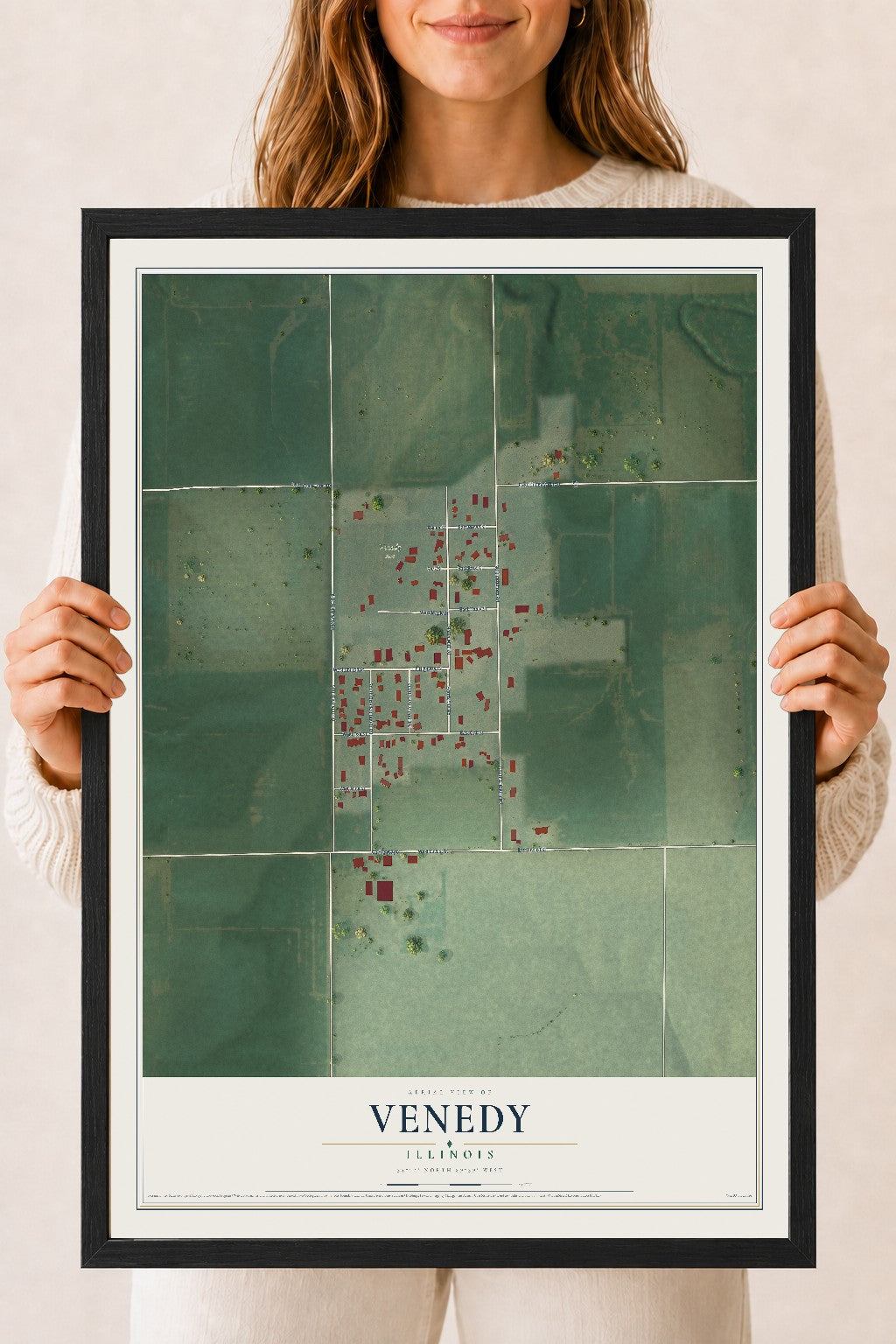 Map of Venedy, Illinois, 18 x 24 inch print in a black wood frame