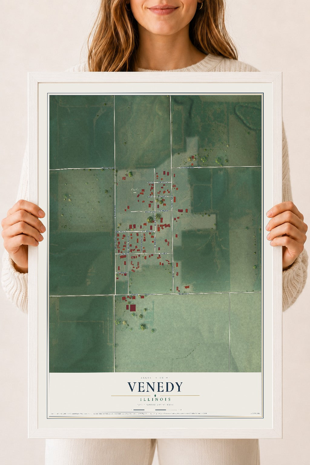 Map of Venedy, Illinois, 18 x 24 inch print in a white wood frame
