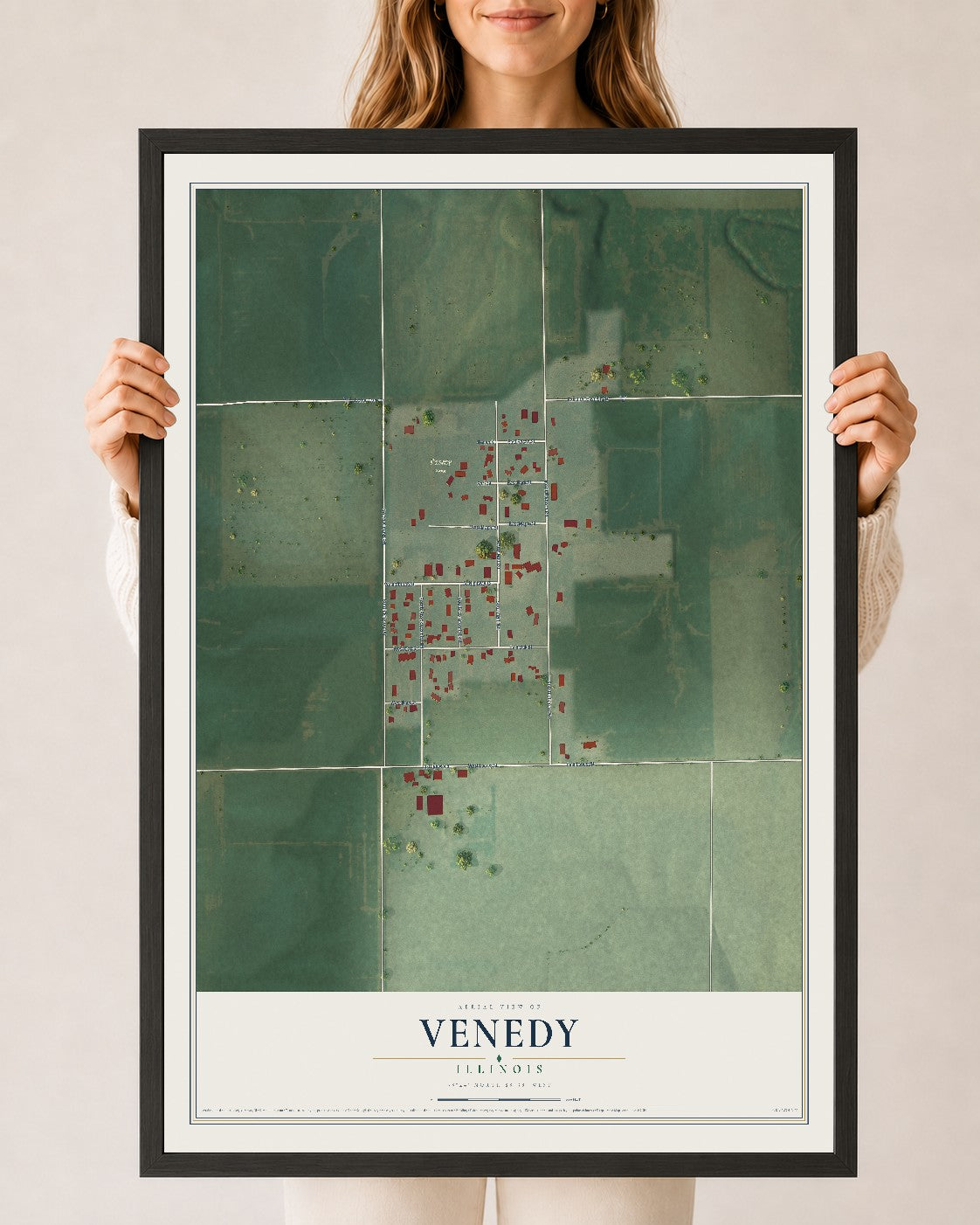 Map of Venedy, Illinois, 24 x 36 inch print in a black wood frame