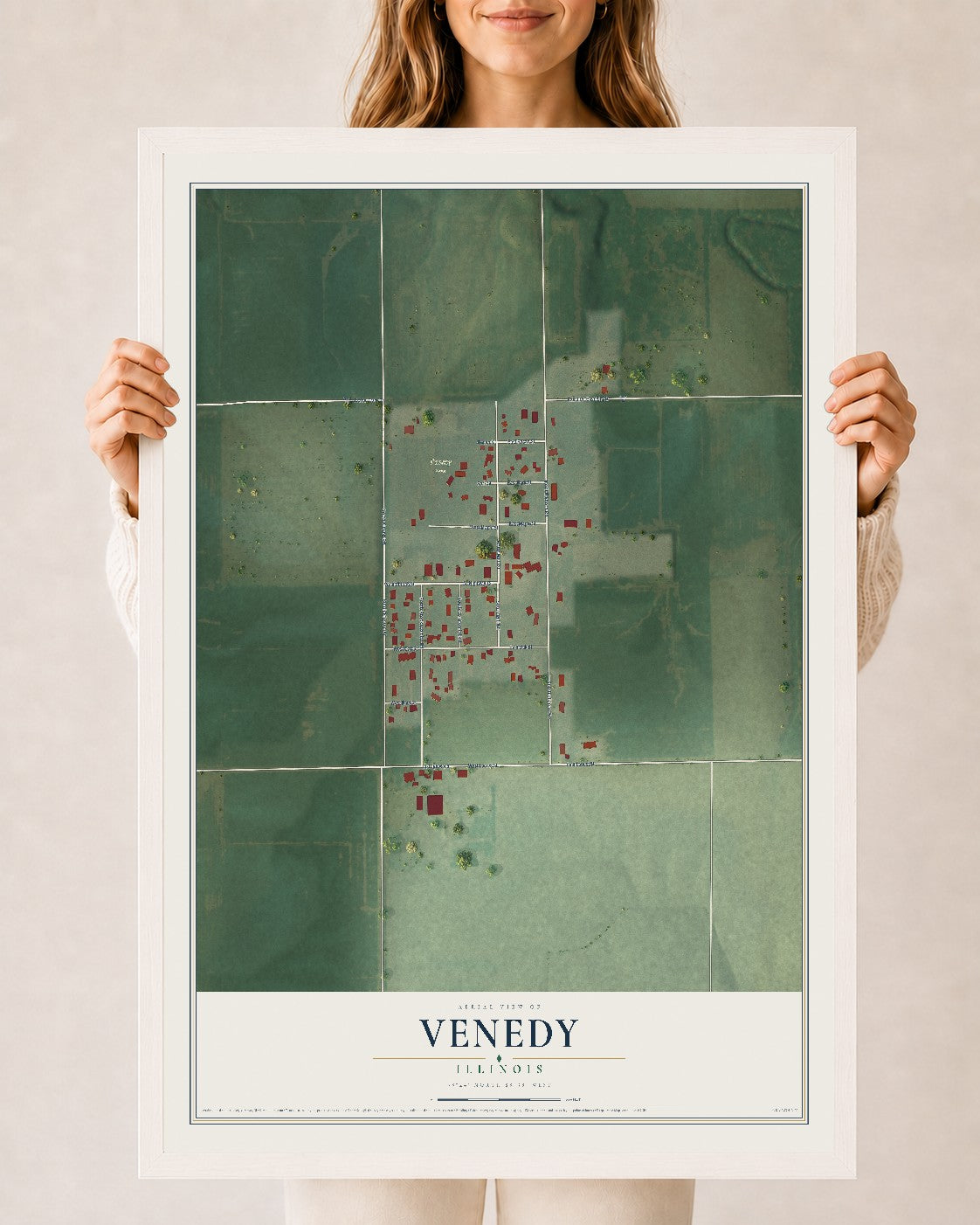 Map of Venedy, Illinois, 24 x 36 inch print in a white wood frame