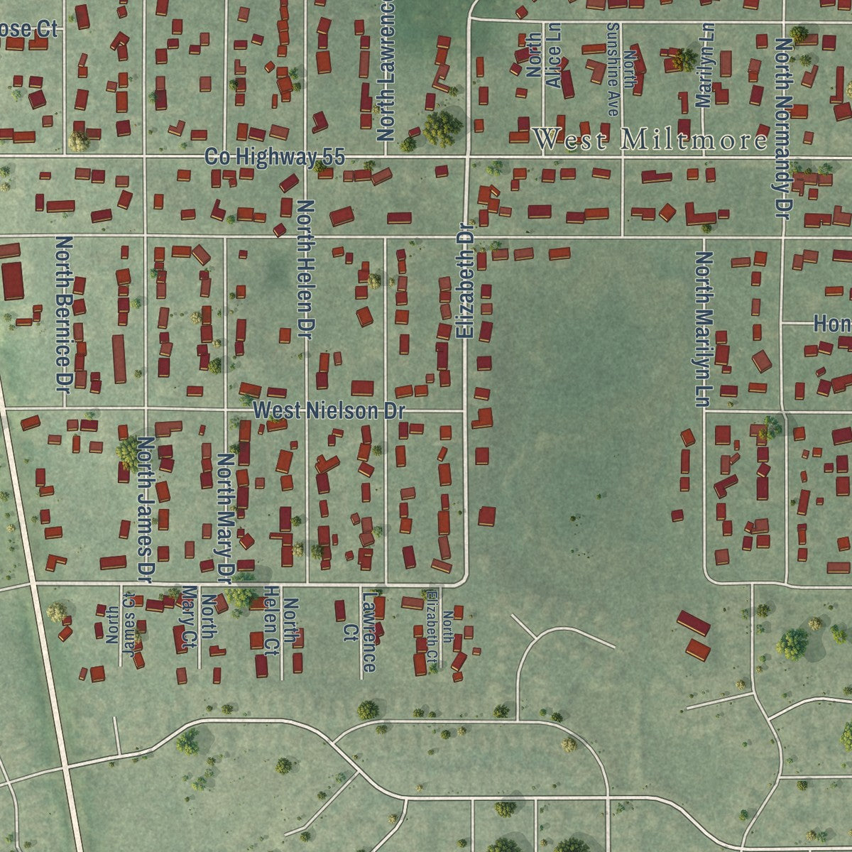 Close-up of the map of Venetian Village, Illinois print showing street and building detail