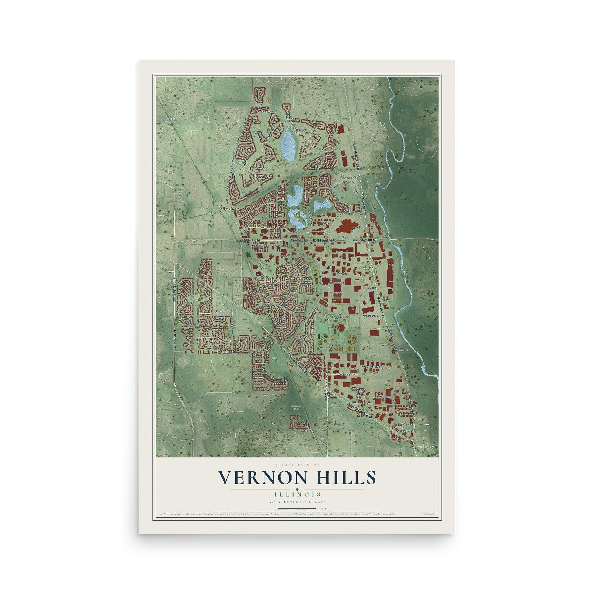 Map of Vernon Hills, Illinois, 12 x 18 inch unframed archival matte print