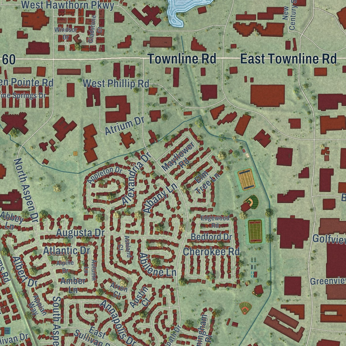 Close-up of the map of Vernon Hills, Illinois print showing street and building detail