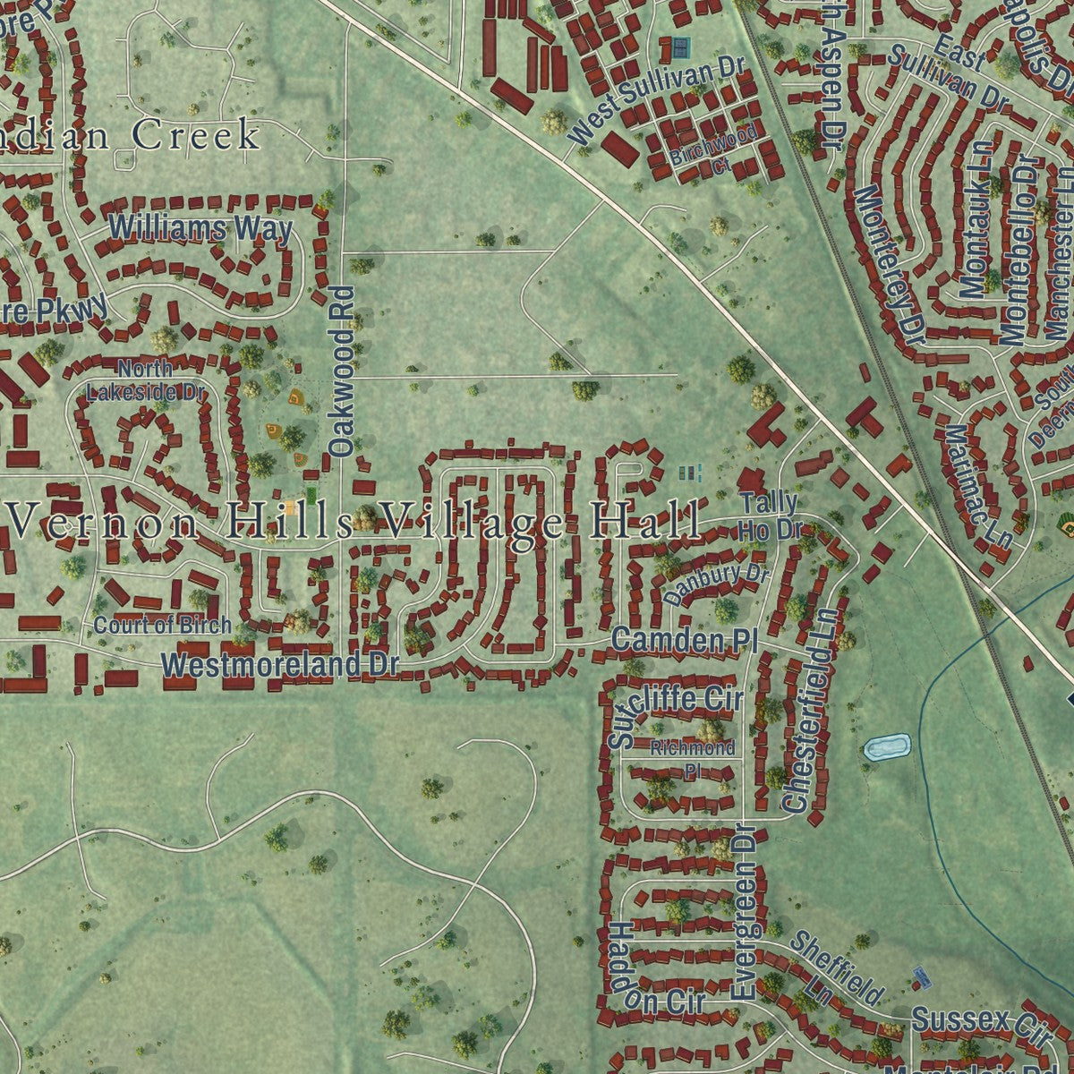 Second close-up of the map of Vernon Hills, Illinois print showing more streets and buildings