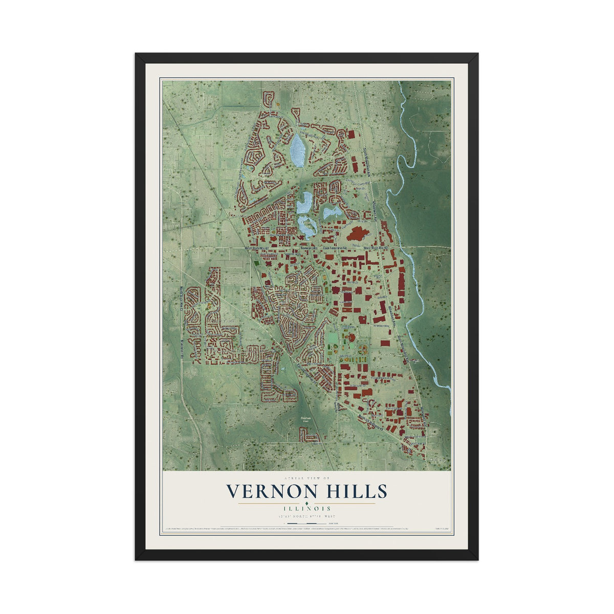 Map of Vernon Hills, Illinois, 12 x 18 inch print in a black wood frame
