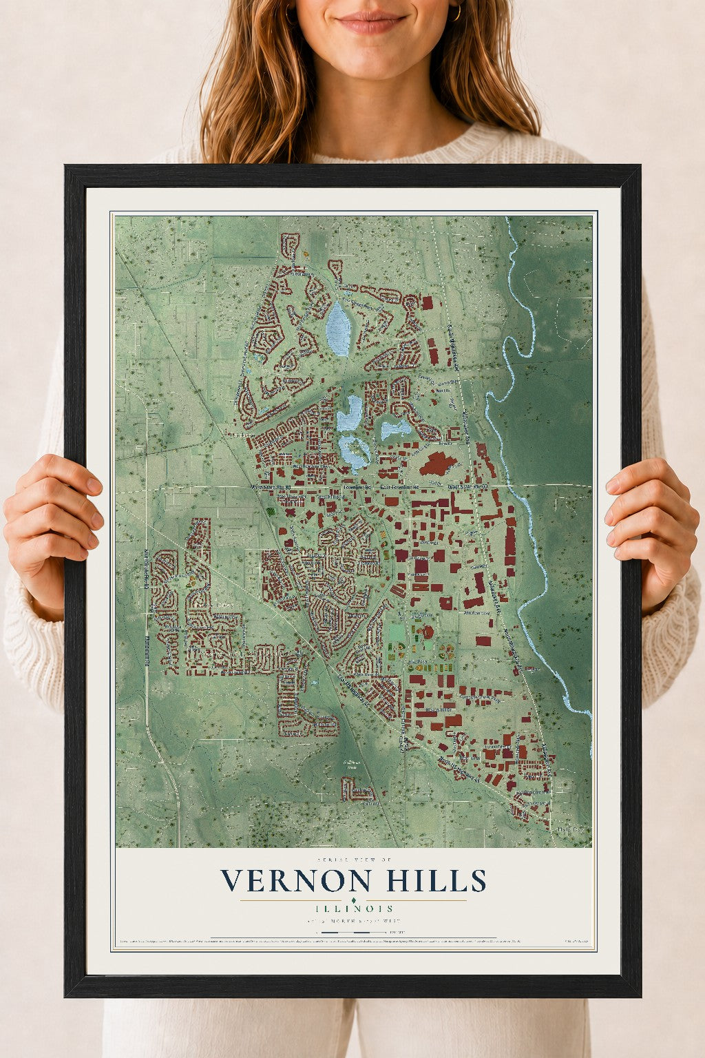 Map of Vernon Hills, Illinois, 18 x 24 inch print in a black wood frame