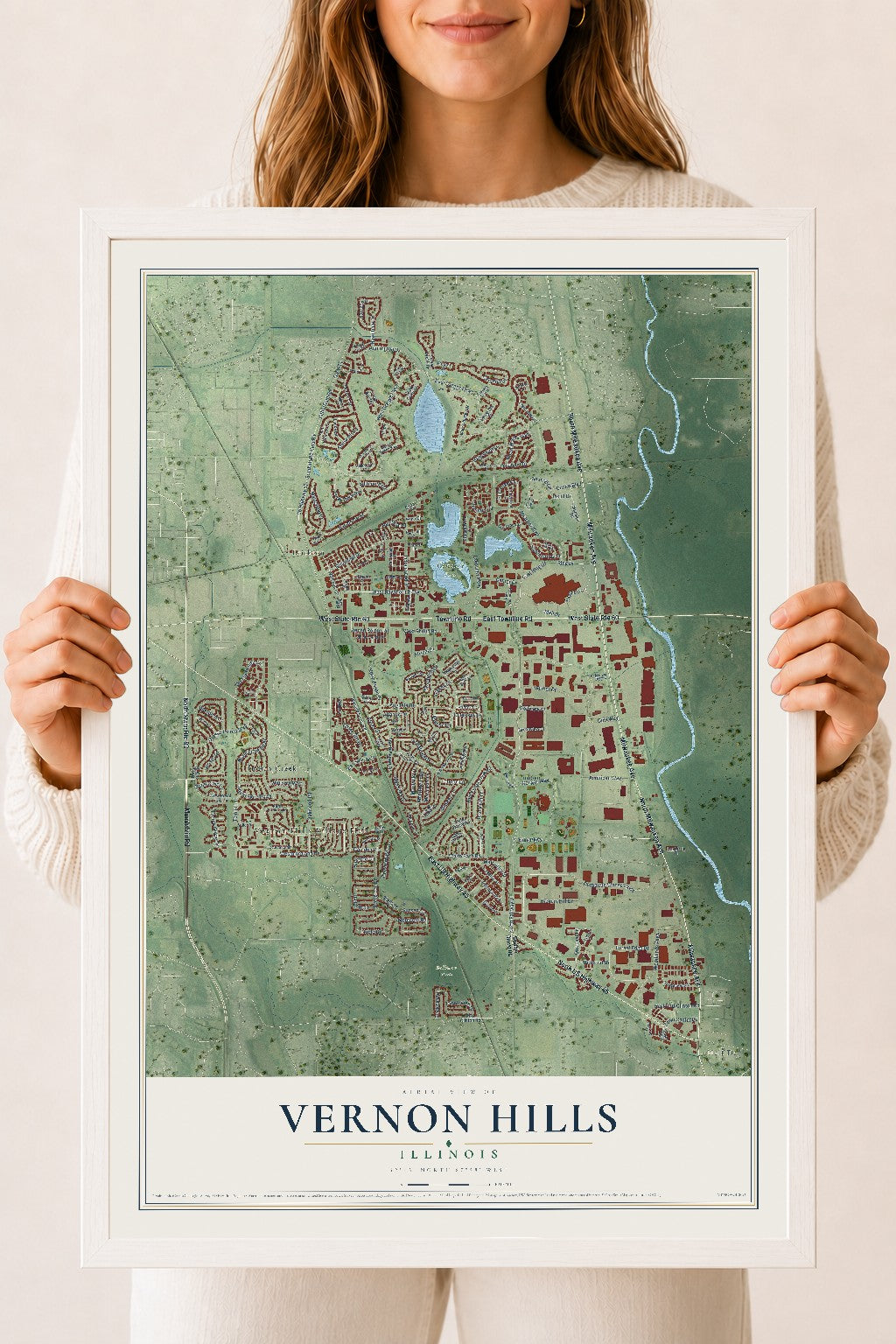 Map of Vernon Hills, Illinois, 18 x 24 inch print in a white wood frame