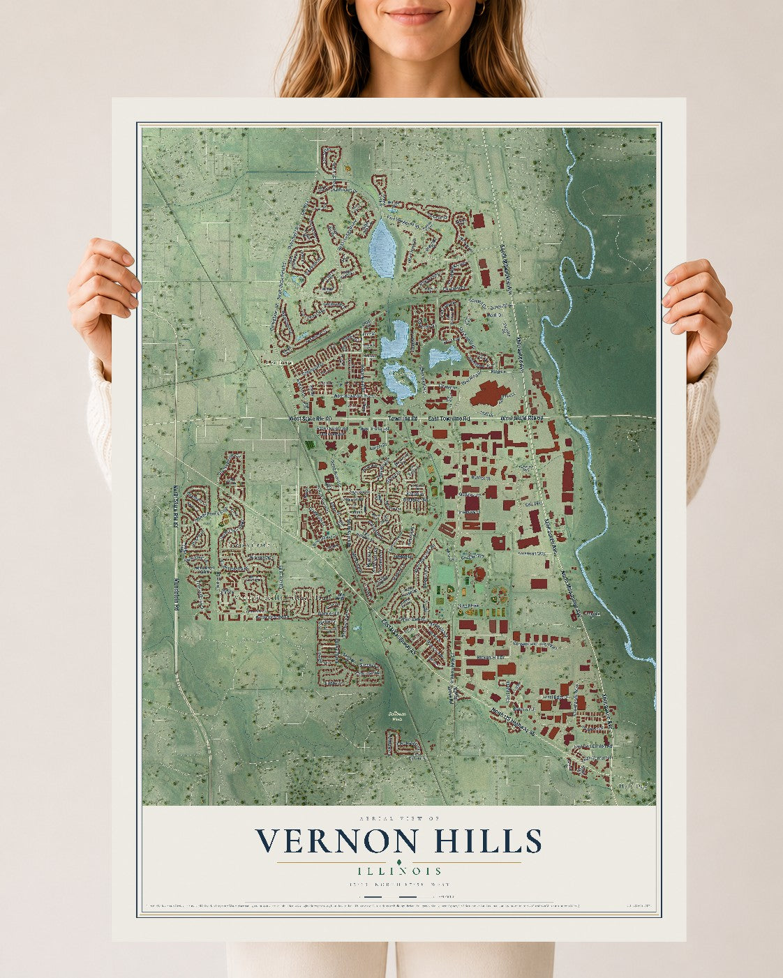 Map of Vernon Hills, Illinois, 24 x 36 inch unframed archival matte print