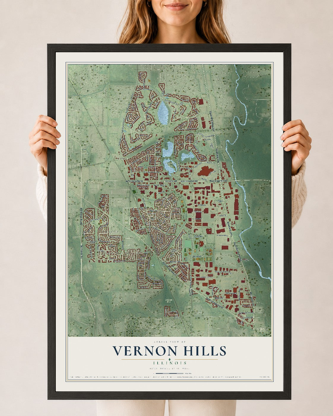 Map of Vernon Hills, Illinois, 24 x 36 inch print in a black wood frame