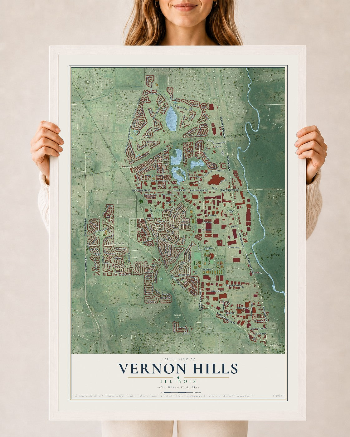 Map of Vernon Hills, Illinois, 24 x 36 inch print in a white wood frame
