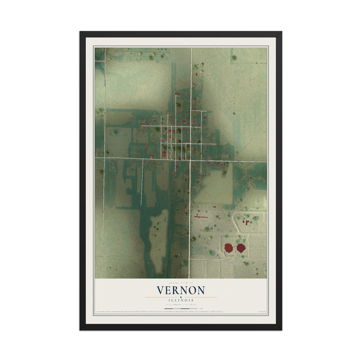 Map of Vernon, Illinois, 12 x 18 inch print in a black wood frame