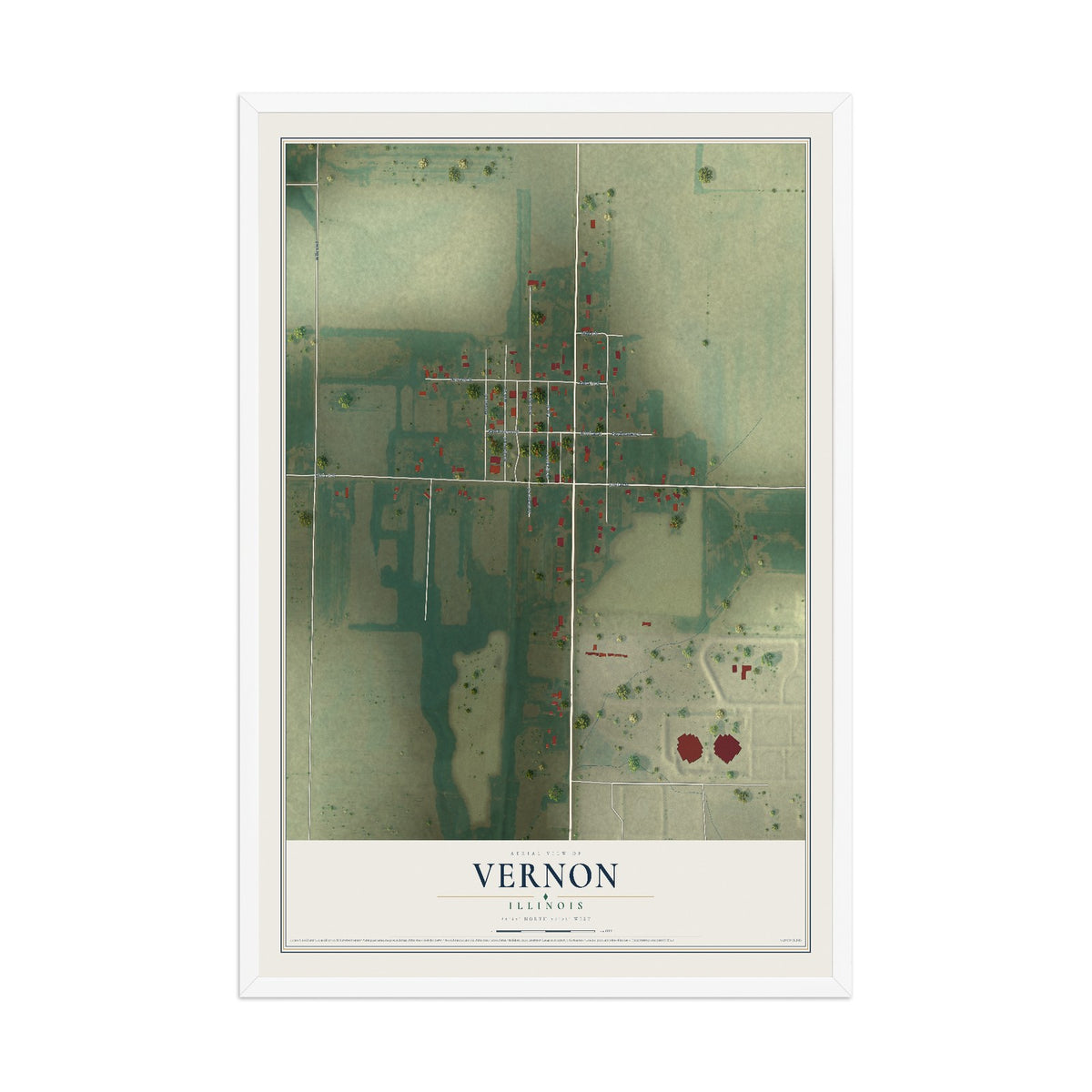 Map of Vernon, Illinois, 12 x 18 inch print in a white wood frame