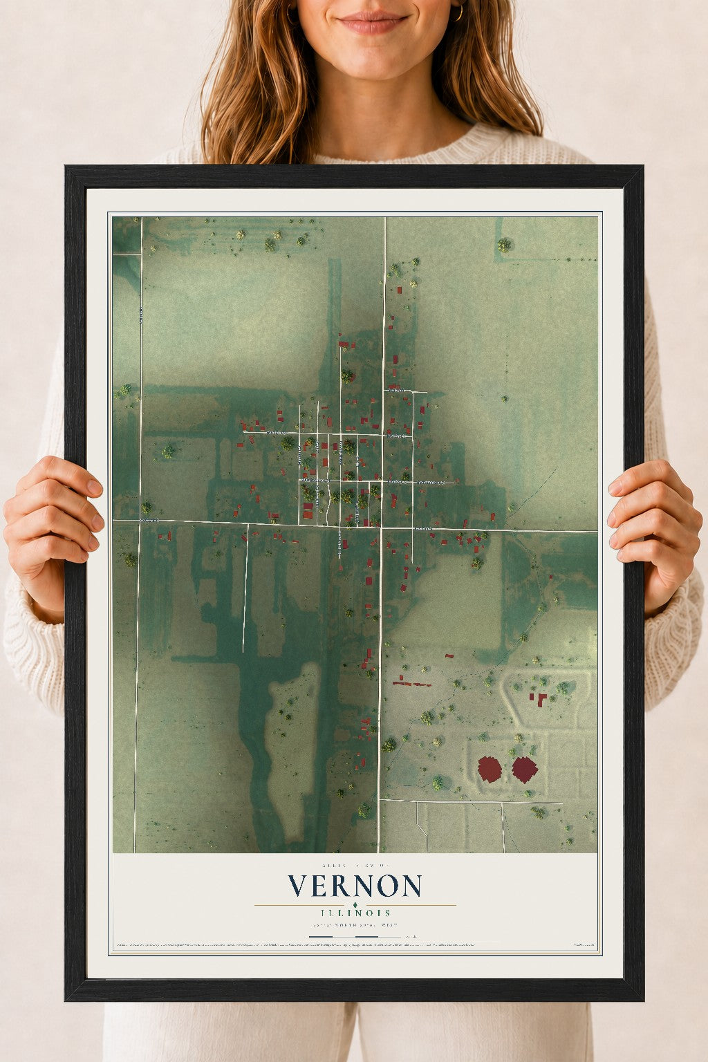 Map of Vernon, Illinois, 18 x 24 inch print in a black wood frame