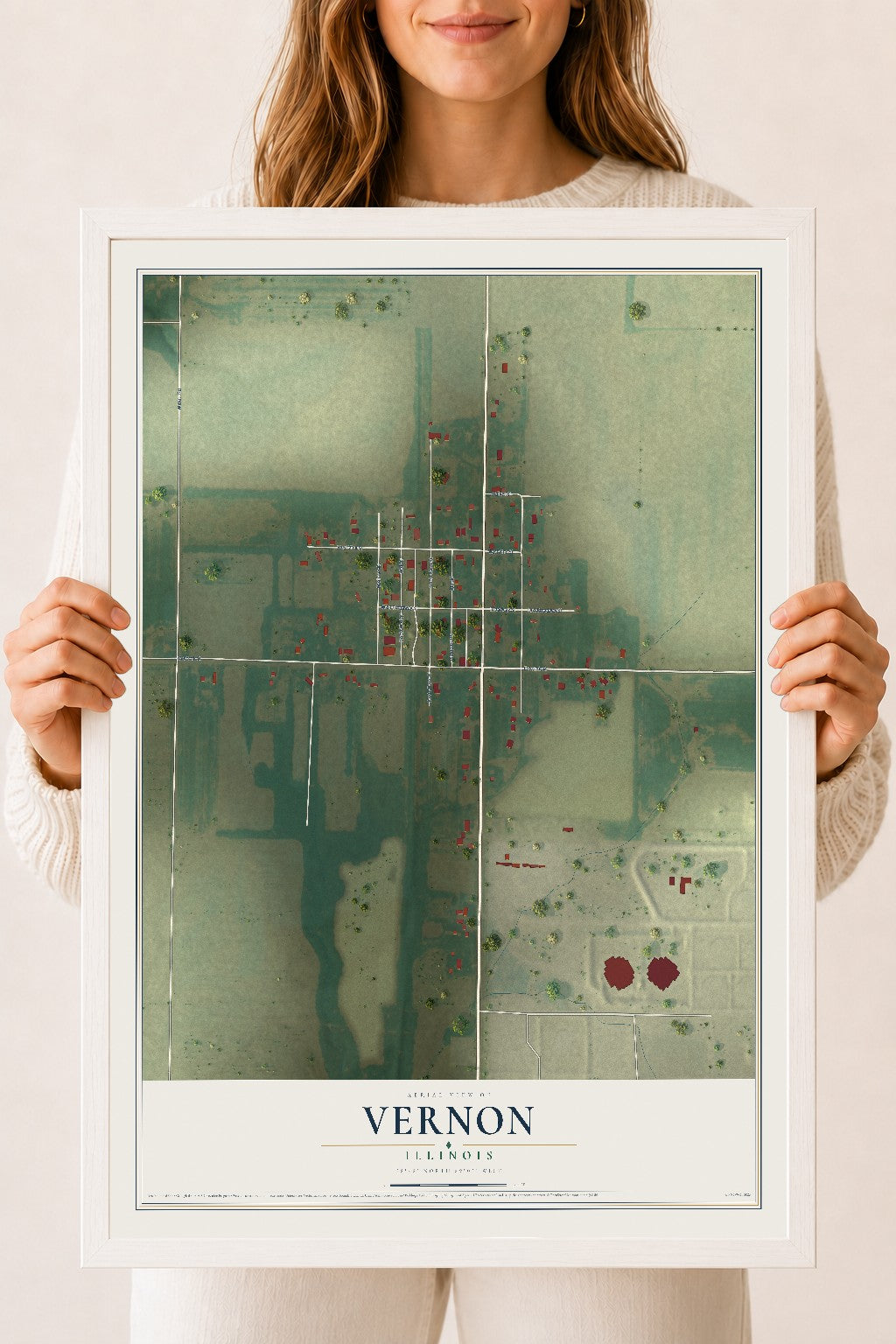 Map of Vernon, Illinois, 18 x 24 inch print in a white wood frame